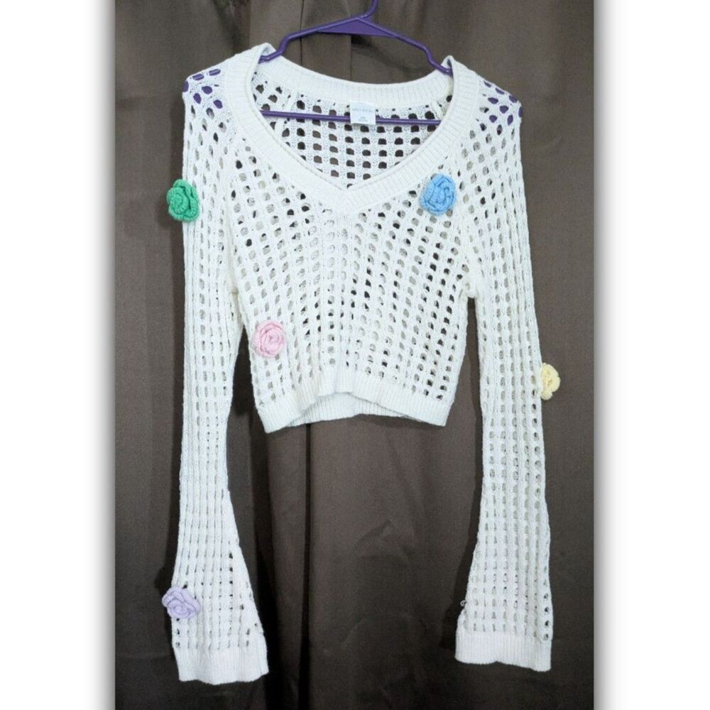 Wild Fable Women's Open Work Cropped Pullover Off White Floral Size XXS Crochet